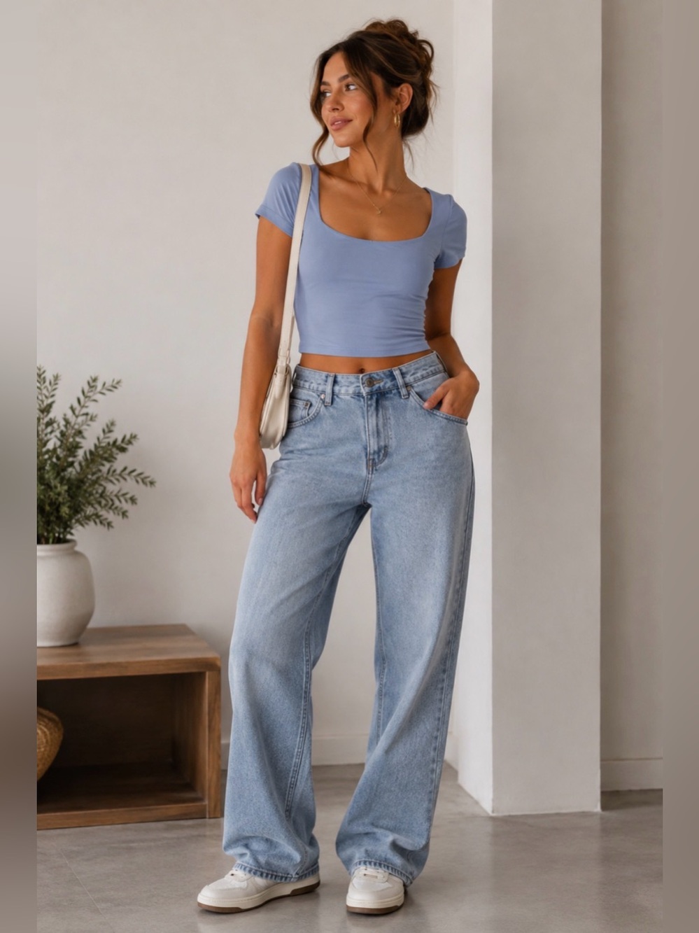 Second Skin Light Blue Square Neck Crop Top XS | Fitted Stretch Tee NWT